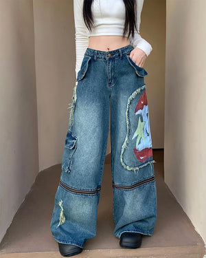 VILZSTUDIOS cargo jeans with graffiti print and zipper details