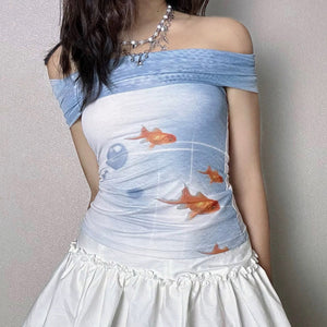 VILZSTUDIOS Graphic off-shoulder top featuring goldfish print