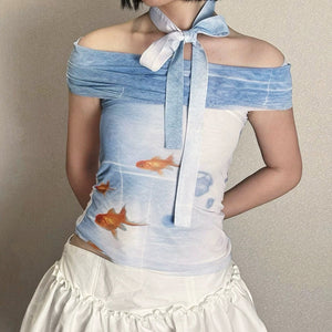 VILZSTUDIOS Graphic off-shoulder top featuring goldfish print