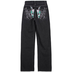 VILZSTUDIOS Graphic skeleton embroidered wide leg jeans