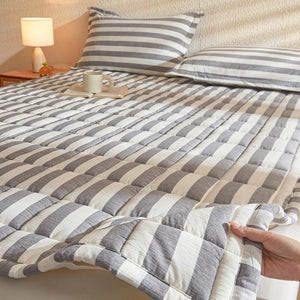 VILZSTUDIOS gray striped mattress pad with rectangular grid quilting and bound edges