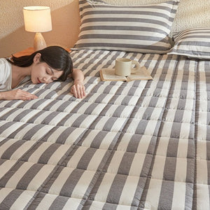 VILZSTUDIOS gray striped mattress pad with rectangular grid quilting and bound edges