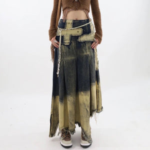 VILZSTUDIOS Washed long denim skirt for streetwear fashion