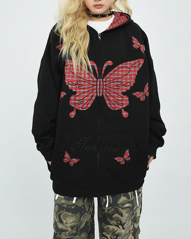 VILZSTUDIOS Grunge butterfly oversized hoodie with plaid accents