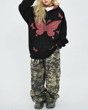 VILZSTUDIOS Grunge butterfly oversized hoodie with plaid accents