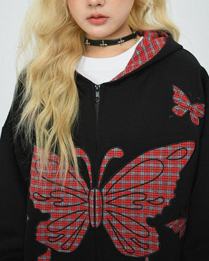 VILZSTUDIOS Grunge butterfly oversized hoodie with plaid accents