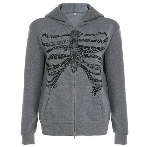 VILZSTUDIOS Grunge-style zip-up hoodie with skeleton and chain print