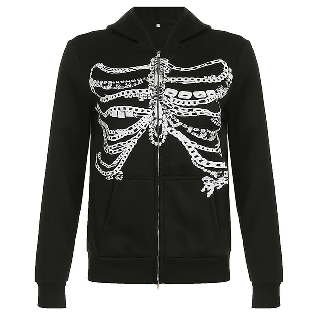 VILZSTUDIOS Grunge-style zip-up hoodie with skeleton and chain print