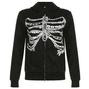 VILZSTUDIOS Grunge-style zip-up hoodie with skeleton and chain print