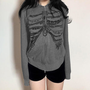 VILZSTUDIOS Grunge-style zip-up hoodie with skeleton and chain print