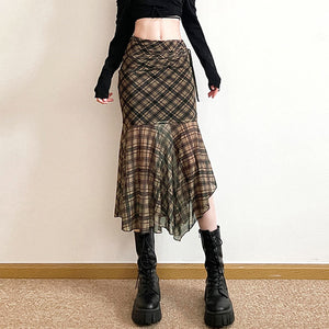 VILZSTUDIOS Asymmetrical mesh skirt with plaid design