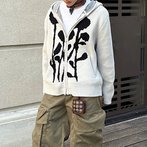 VILZSTUDIOS Knit hoodie with a bold rose design and full zip closure