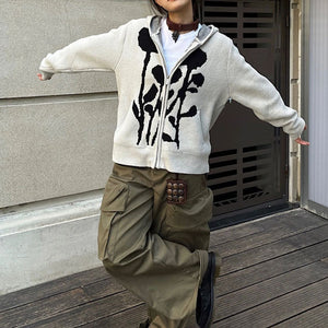 VILZSTUDIOS Knit hoodie with a bold rose design and full zip closure