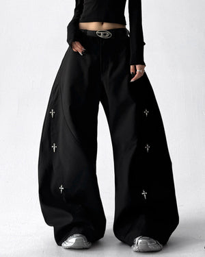 VILZSTUDIOS Grunge inspired trousers with cross pendant design