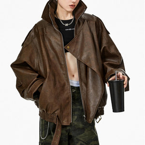 VILZSTUDIOS Oversized buckle leather jacket for streetwear fashion