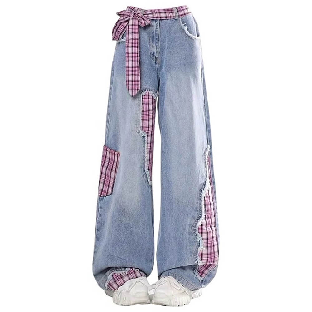 VILZSTUDIOS Plaid patchwork wide-leg jeans from VILZSTUDIOS