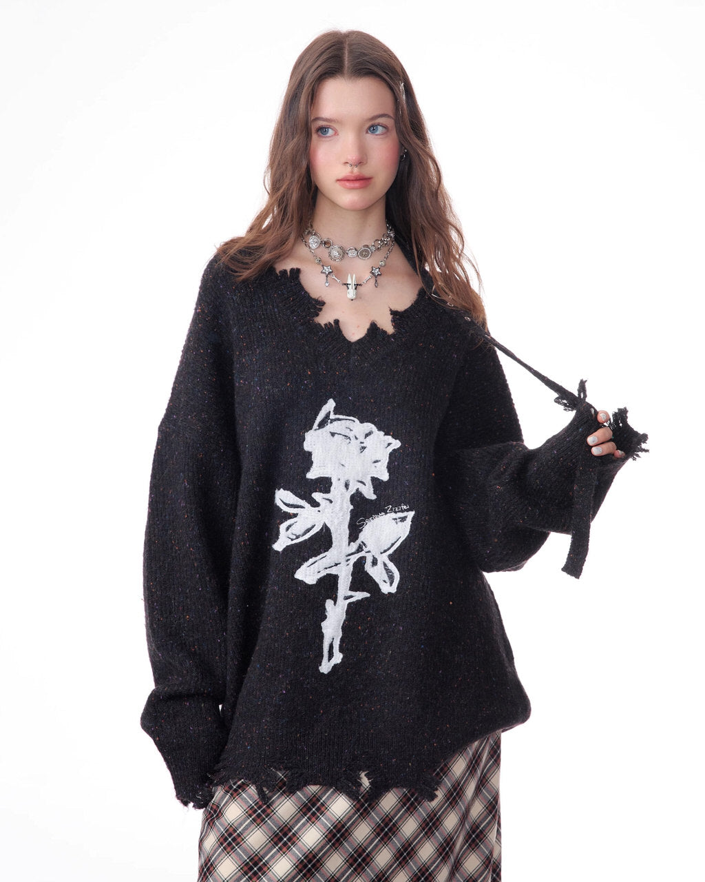 VILZSTUDIOS Grunge rose graphic knit sweater for streetwear fashion