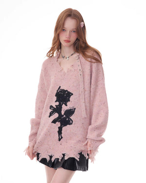 VILZSTUDIOS Grunge rose graphic knit sweater for streetwear fashion