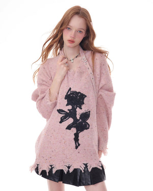 VILZSTUDIOS Grunge rose graphic knit sweater for streetwear fashion