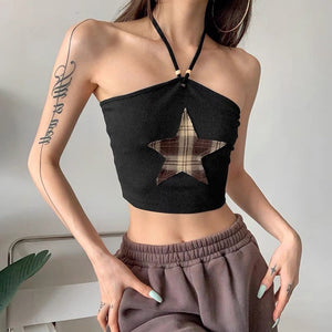 VILZSTUDIOS Fashionable halter crop top featuring a star patch design.
