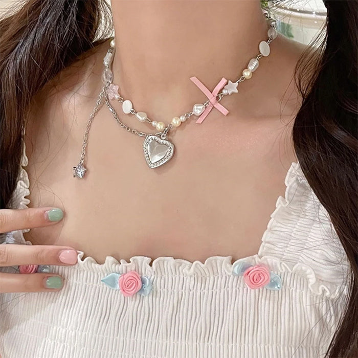 VILZSTUDIOS Y2K heart bow pendant necklace for stylish outfits