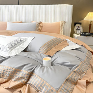 VILZSTUDIOS peach and cream satin duvet cover set with textured houndstooth borders and wide flanged edges