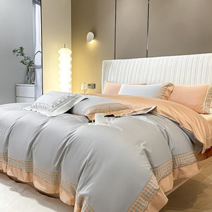 VILZSTUDIOS peach and cream satin duvet cover set with textured houndstooth borders and wide flanged edges