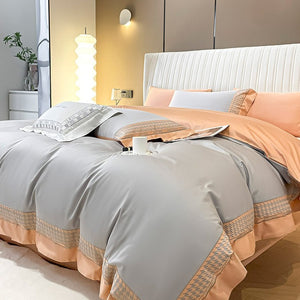 VILZSTUDIOS peach and cream satin duvet cover set with textured houndstooth borders and wide flanged edges