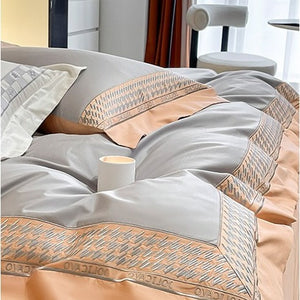 VILZSTUDIOS peach and cream satin duvet cover set with textured houndstooth borders and wide flanged edges