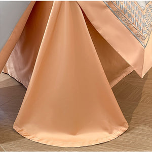 VILZSTUDIOS peach and cream satin duvet cover set with textured houndstooth borders and wide flanged edges