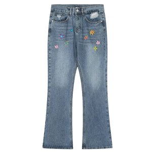 VILZSTUDIOS Floral stitch denim jeans for streetwear fashion