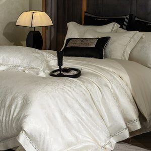 VILZSTUDIOS ivory and cream floral damask bedding set with openwork lace inserts and wide flange borders