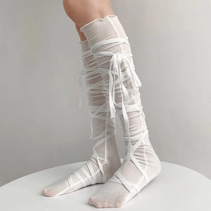 VILZSTUDIOS Knee high balletcore tie up socks from VILZSTUDIOS