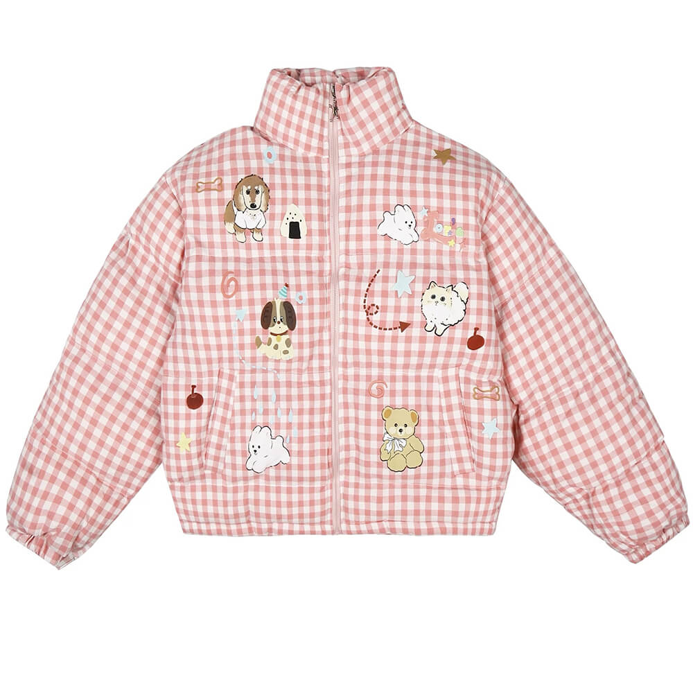 VILZSTUDIOS Korean aesthetic gingham puffer jacket with playful illustrations