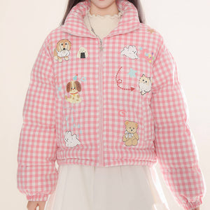 VILZSTUDIOS Korean aesthetic gingham puffer jacket with playful illustrations