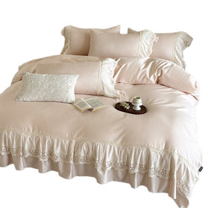 VILZSTUDIOS pastel satin bedding set with floral lace trim and gathered ruffles