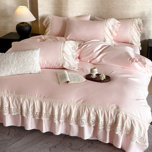 VILZSTUDIOS pastel satin bedding set with floral lace trim and gathered ruffles