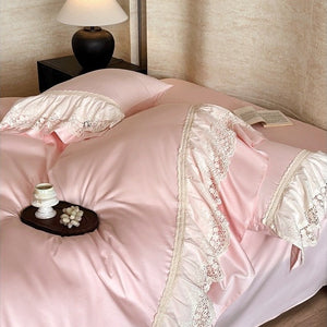 VILZSTUDIOS pastel satin bedding set with floral lace trim and gathered ruffles