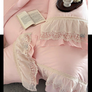 VILZSTUDIOS pastel satin bedding set with floral lace trim and gathered ruffles