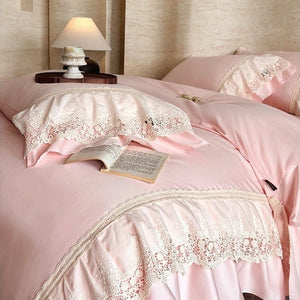 VILZSTUDIOS pastel satin bedding set with floral lace trim and gathered ruffles