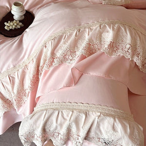 VILZSTUDIOS pastel satin bedding set with floral lace trim and gathered ruffles
