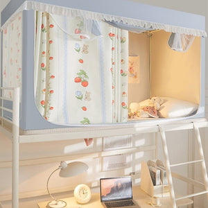 VILZSTUDIOS pastel bed canopy with gathered white lace trim, mesh panel and sliding privacy curtains