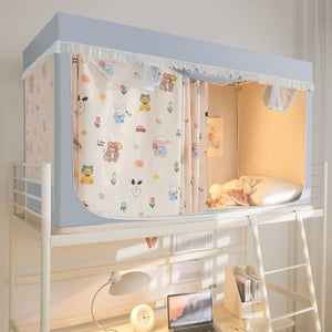 VILZSTUDIOS pastel bed canopy with gathered white lace trim, mesh panel and sliding privacy curtains