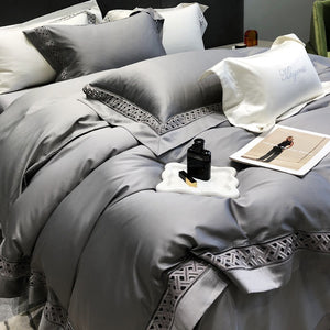 VILZSTUDIOS neutral satin bedding set with openwork lattice lace borders and flanged pillowcases