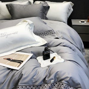 VILZSTUDIOS neutral satin bedding set with openwork lattice lace borders and flanged pillowcases
