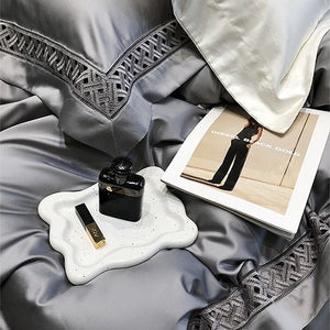 VILZSTUDIOS neutral satin bedding set with openwork lattice lace borders and flanged pillowcases