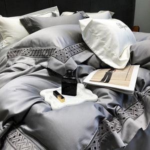 VILZSTUDIOS neutral satin bedding set with openwork lattice lace borders and flanged pillowcases