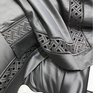 VILZSTUDIOS neutral satin bedding set with openwork lattice lace borders and flanged pillowcases