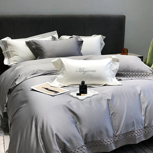 VILZSTUDIOS neutral satin bedding set with openwork lattice lace borders and flanged pillowcases