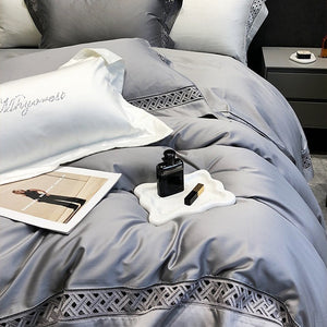 VILZSTUDIOS neutral satin bedding set with openwork lattice lace borders and flanged pillowcases